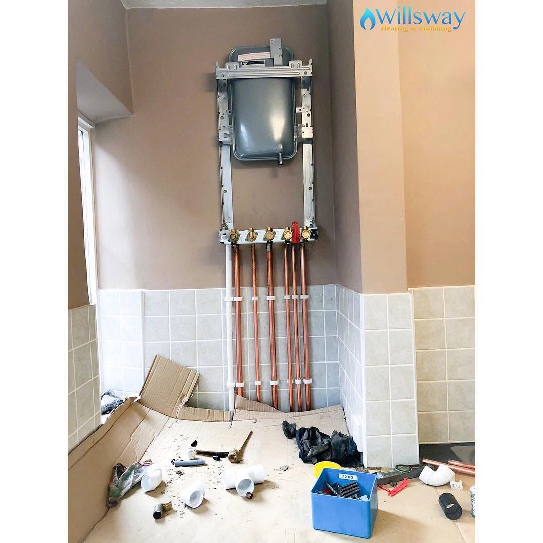 Copper pipes and valves during a boiler installation